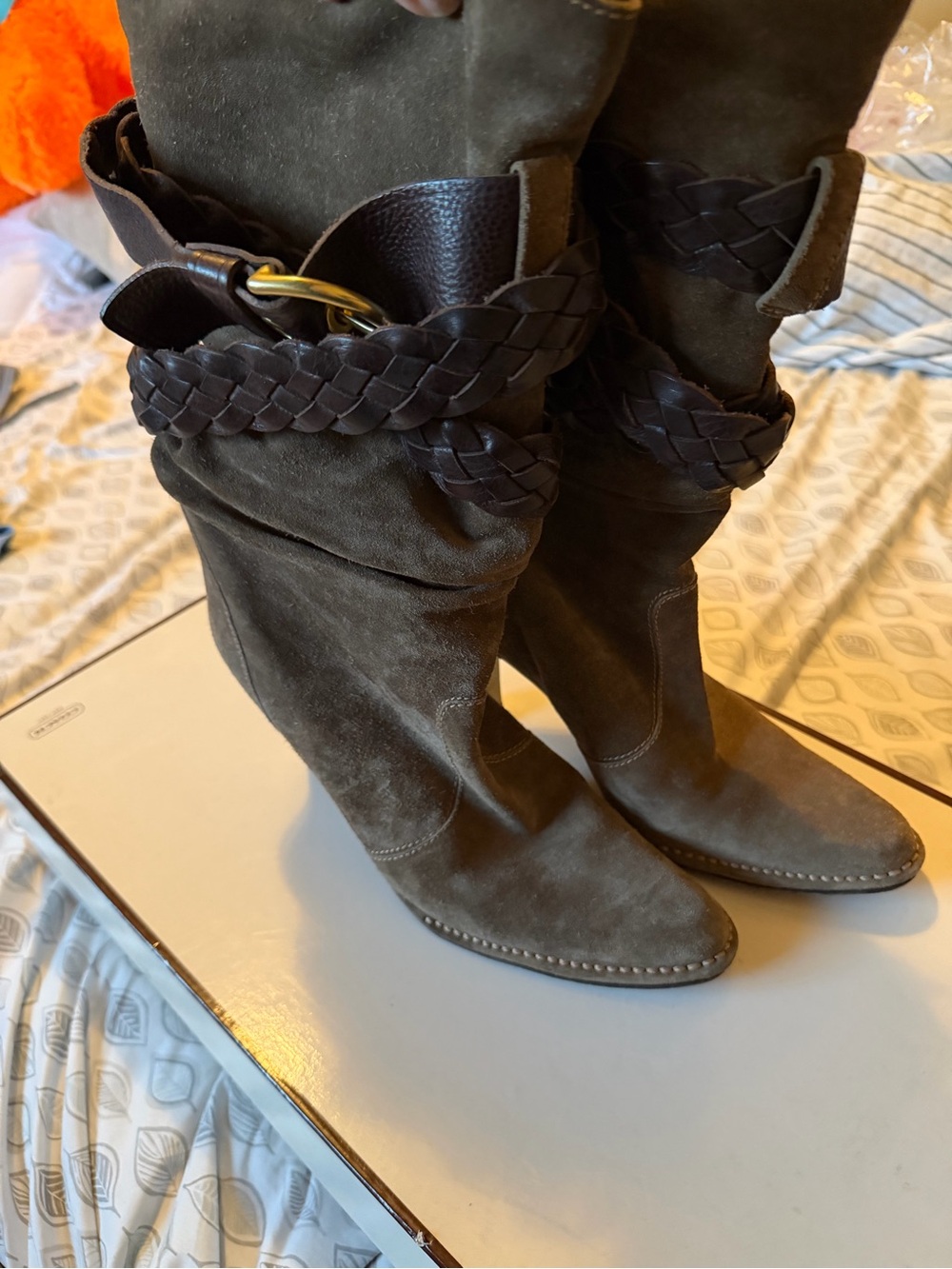 Coach Women's Dark Brown Suede Knee-High Boots with Braided Strap size 9.5
